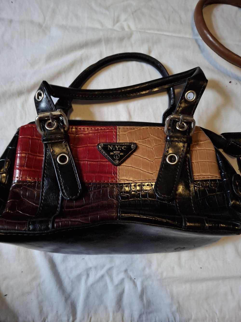 NYC Patchwork Croc Embossed Satchel Bag Red Tan Brown Black Y2K
